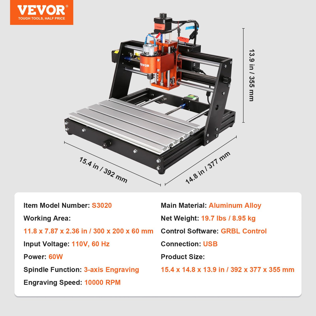 VEVOR CNC Router Machine, 120W 3 Axis GRBL Control Wood Engraving Carving Milling Machine Kit, 300 x 200 x 60 mm/11.8 x 7.87 x 2.36 in Working Area VEVOR