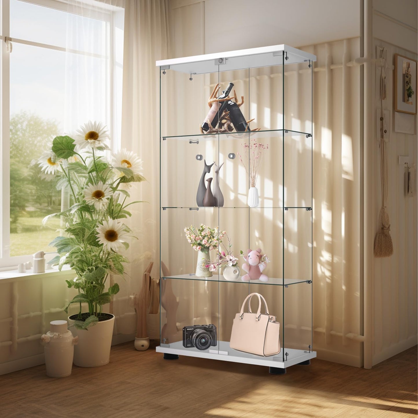 Display Cabinet with Glass Door and Lock, 4-Shelf Fast Installation in 30 Mins Curio Cabinets with 5mm Tempered Glass Floor Standing Bookshelf for