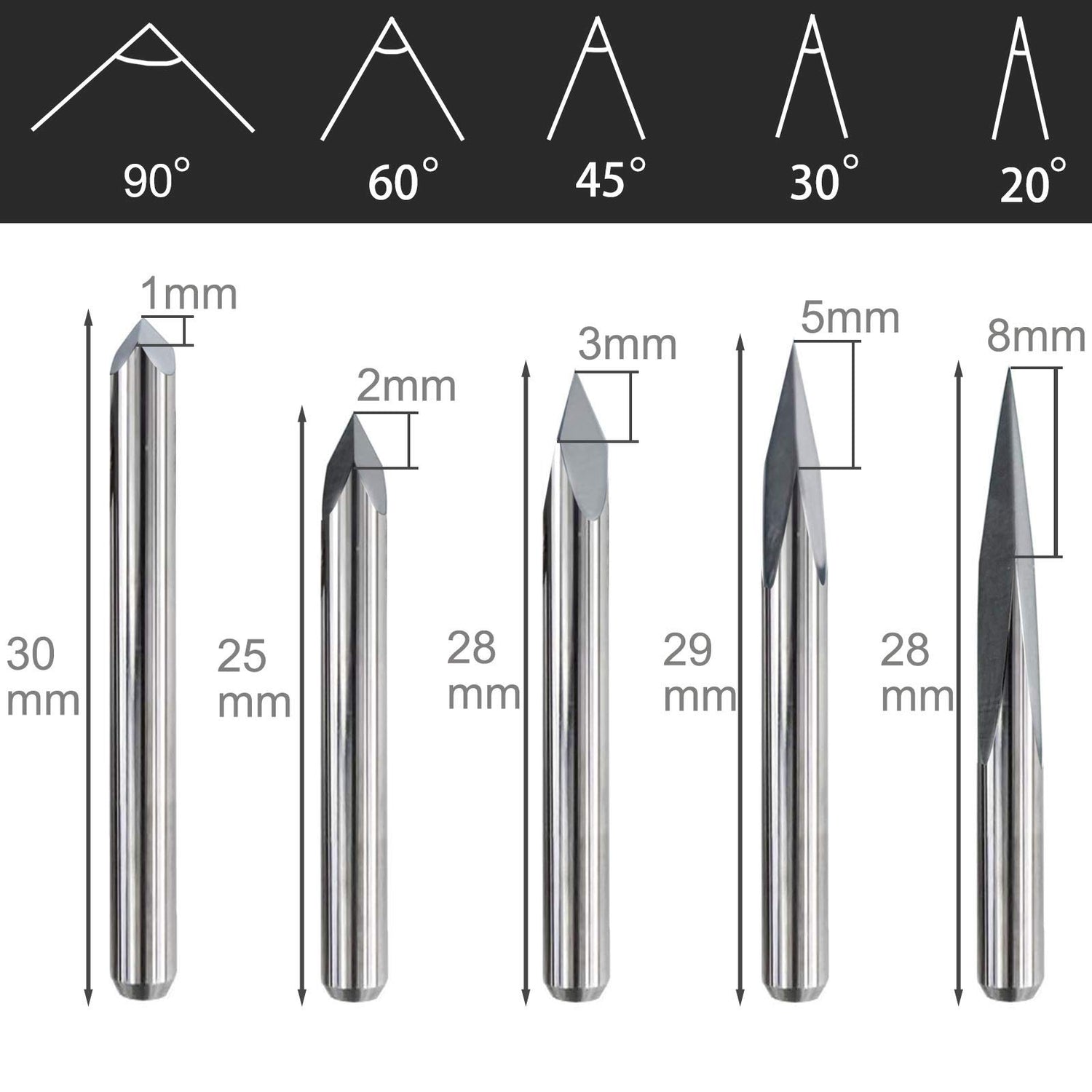 IDGGDI 10pcs CNC Router V Bits, 3 Edge Pyramid Engraving, 1/8" Shank CNC 3D Milling Cutter| 20/30/45/60/90 Degrees, 0.1mm Tip (10pcs CNC Router V IDGGDI
