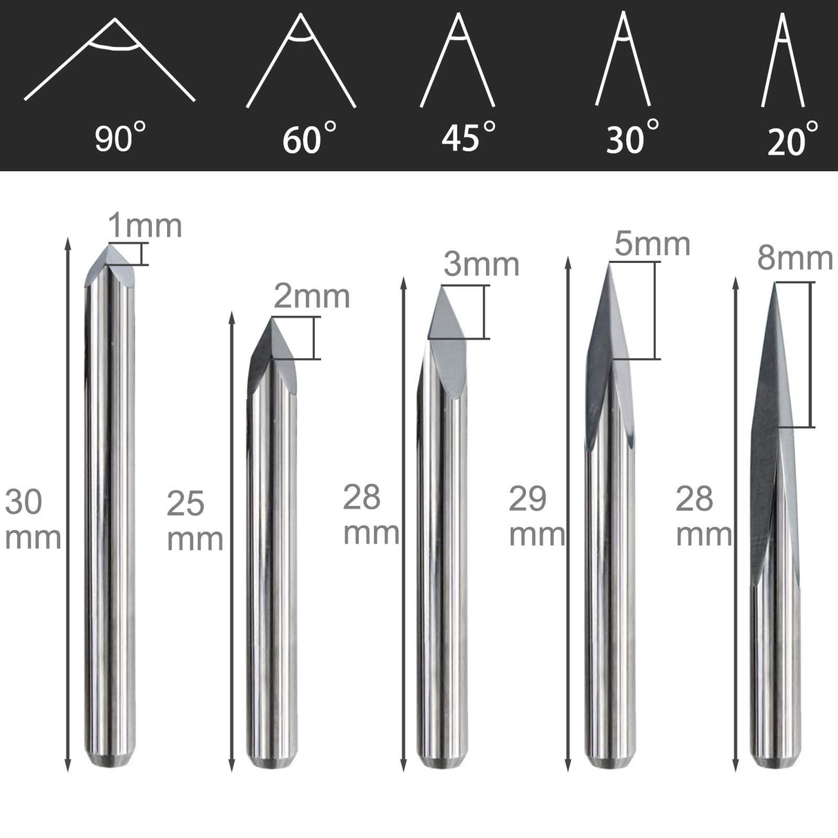 IDGGDI 10pcs CNC Router V Bits, 3 Edge Pyramid Engraving, 1/8" Shank CNC 3D Milling Cutter| 20/30/45/60/90 Degrees, 0.1mm Tip (10pcs CNC Router V IDGGDI