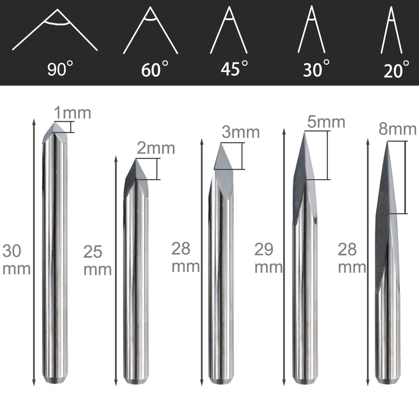 IDGGDI 10pcs CNC Router V Bits, 3 Edge Pyramid Engraving, 1/8" Shank CNC 3D Milling Cutter| 20/30/45/60/90 Degrees, 0.1mm Tip (10pcs CNC Router V - WoodArtSupply