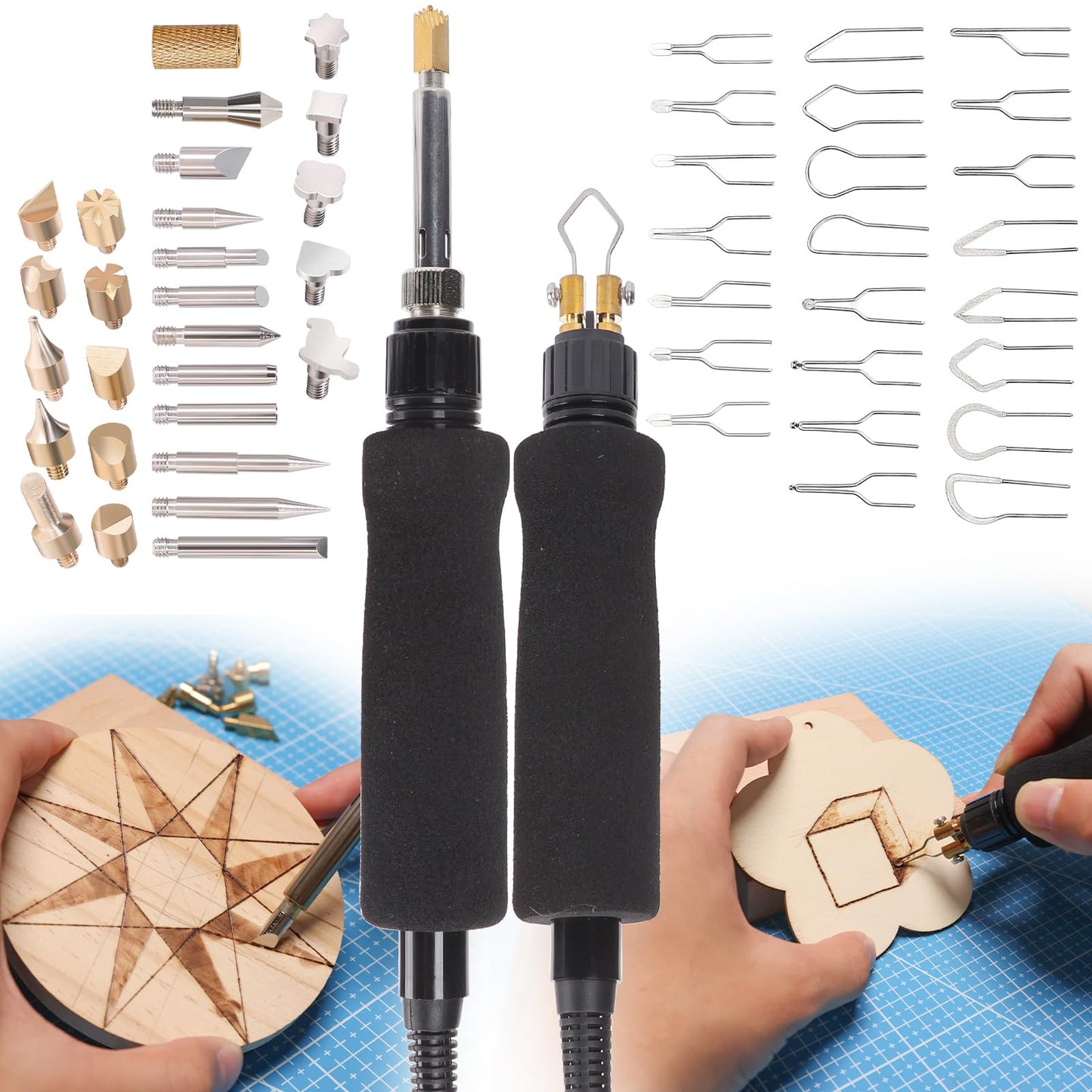 YIHUA 939D-VII Pyrography Tool Wood Burning Pen Kit Station 2-in-1 Solid-Point 200~480°C (with Temp Display)/Wire-Nib 250~750°C with 23 Nibs, 25 Solid Points, 4 Woodpieces