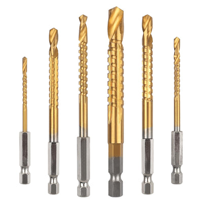AOKLIT 6 Pack Titanium Coated HSS Twist Drill Bit, 3-8mm Hex Shank Serrated Cutting Drill Bit Woodworking Tools for Wood Metal Plastic Hole