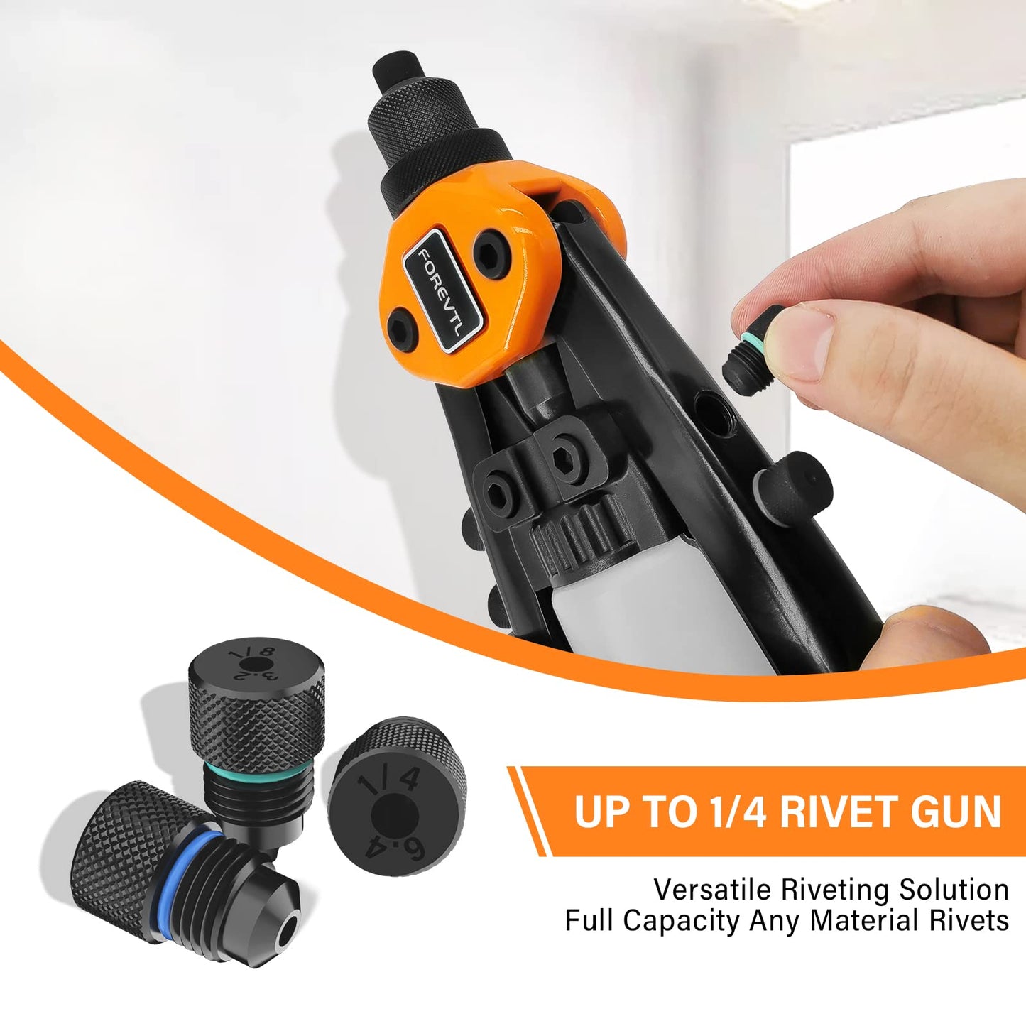 FOREVTL Rivet Gun - Pop Rivet Gun Kit with 210 Rivets (3/32", 1/8", 5/32", 3/16", 1/4'') and 5 Nosepieces, Full Metal 13" Large Heavy Duty Manual - WoodArtSupply