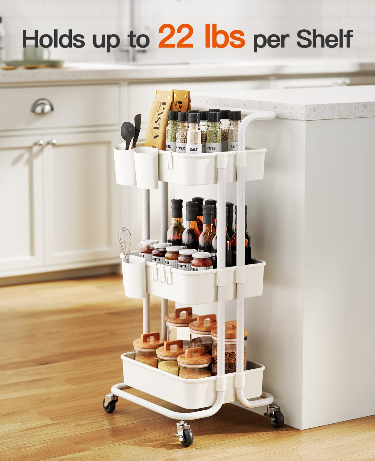 Pipishell 3-Tier Rolling Cart with Wheels - Rolling Storage Cart with Hanging Cups & Hooks - Mobile Utility Cart for Office, Kitchen, Craft Room - Pipishell