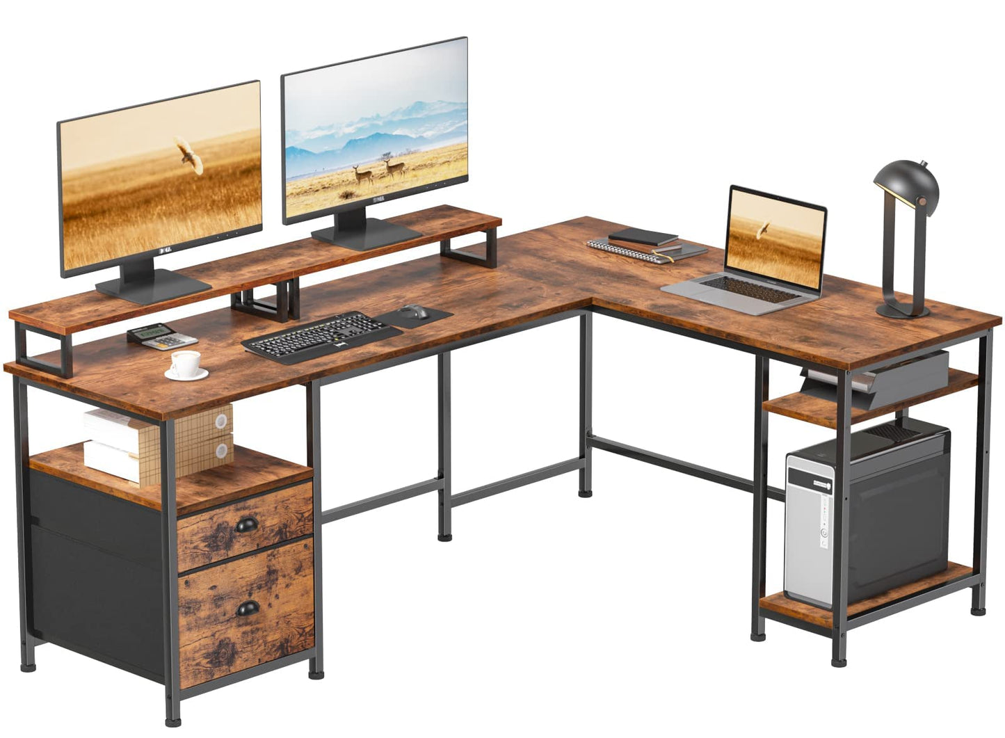 Furologee 66" L Shaped Computer Desk with Shelves, Reversible Corner Gaming Desk with File Drawer and Dual Monitor Stand, Large Home Office Desk