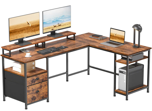 Furologee 66" L Shaped Computer Desk with Shelves, Reversible Corner Gaming Desk with File Drawer and Dual Monitor Stand, Large Home Office Desk - WoodArtSupply