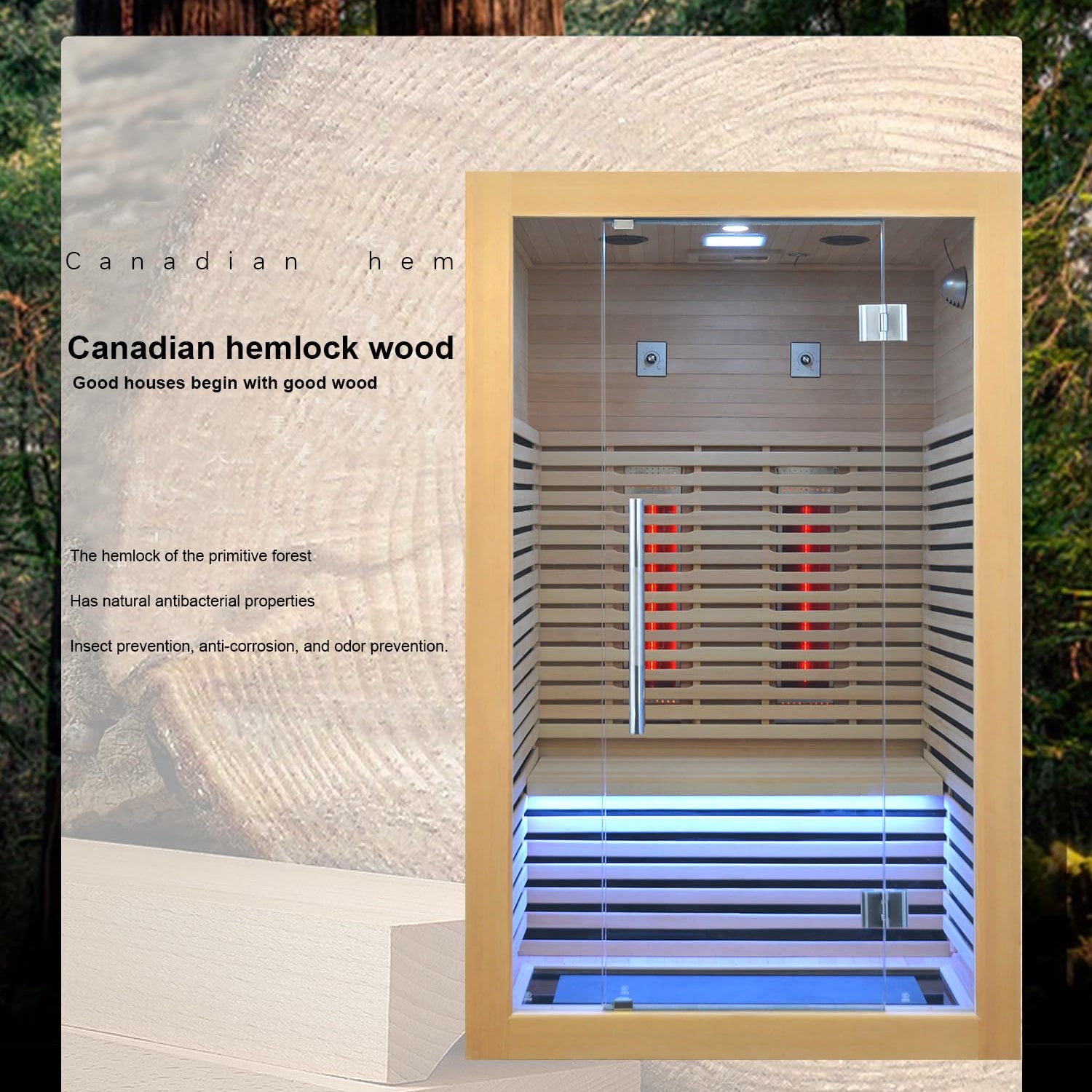 Infrared Sauna Room Wooden Canadian Hemlock Low EMF 2-3 Person 2080W Full Spectrum Sauna Room, Personal Home Spa Carbon Heater Sauna, WoodArtSupply