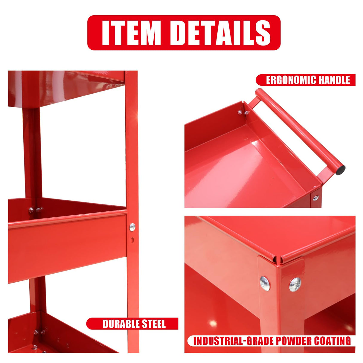 BIG RED 3-Tier Service Cart 400 lbs capacity metal cart on wheels For Garage Warehouse Workshop Use Stainless Steel Utility Cart,APTC302R,Torin BIG RED