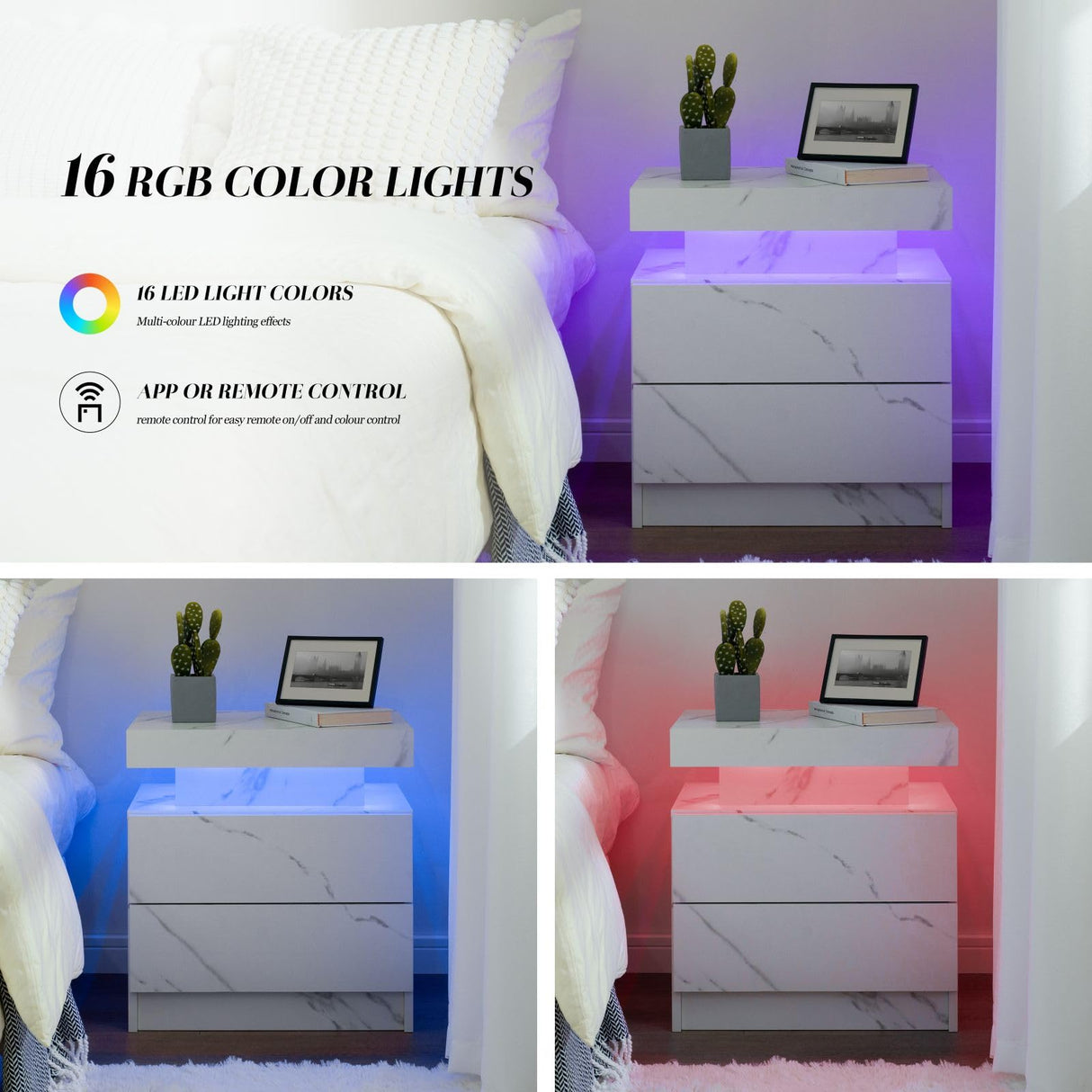 Cubehom Nightstand Set of 2 with LED Lights White LED Bedside Table with 2 Wood Drawers Modern Set 2 End Side Table for Bedroom Cubehom