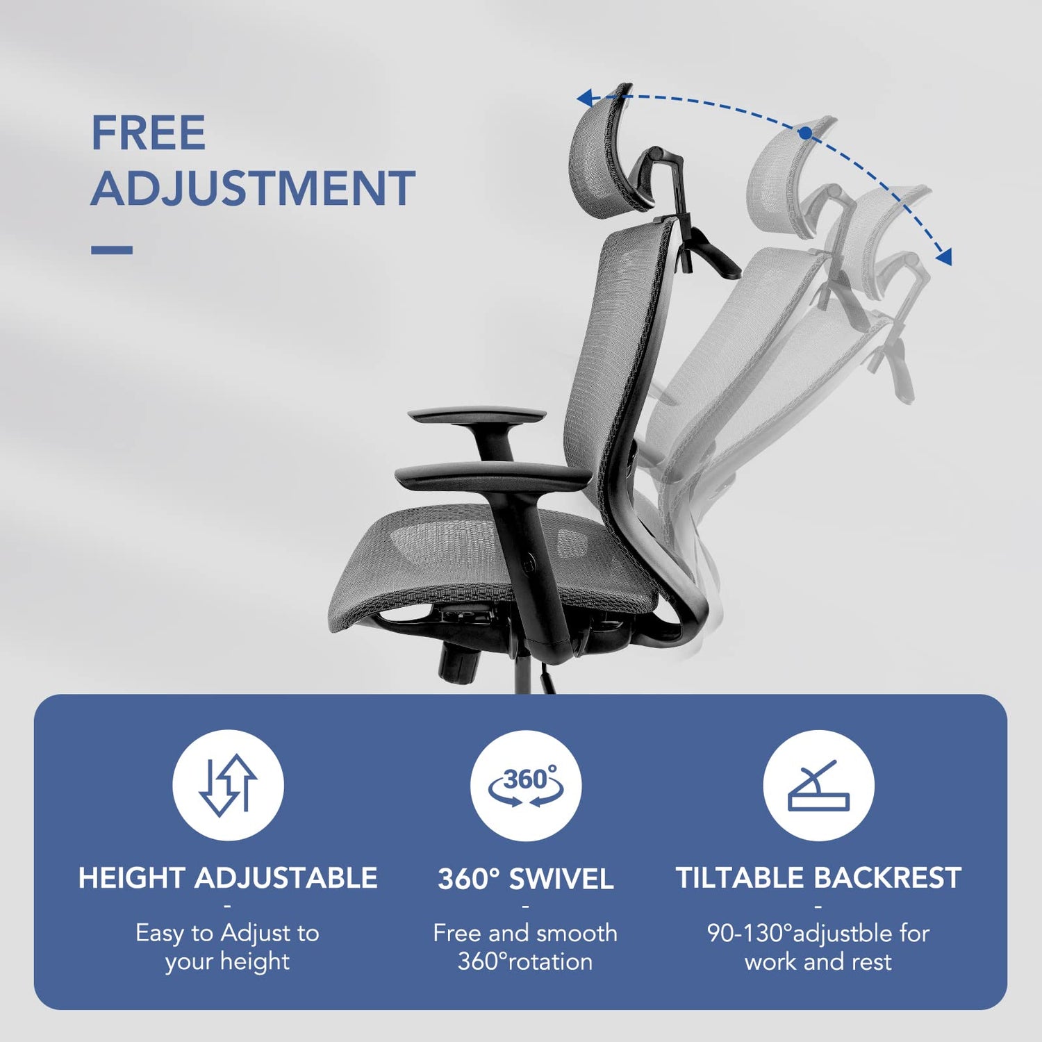 FLEXISPOT OC3B Ergonomic Executive Mesh Office Task Chair Swivel Height Adjustable Seat Headrest Armrest Lumbar Support Caster Wheels For Computer FLEXISPOT