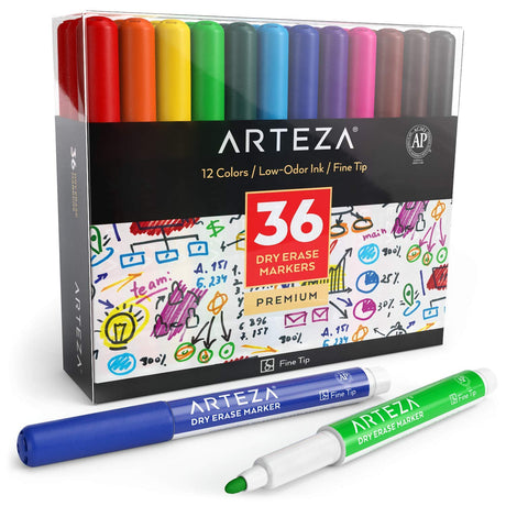 Arteza Dry Erase Markers Fine Tip, Bulk Pack of 36 Low Odor Dry Erase Pens in 12 Assorted Colors, Homeschool Supplies Whiteboard Markers, Office and ARTEZA