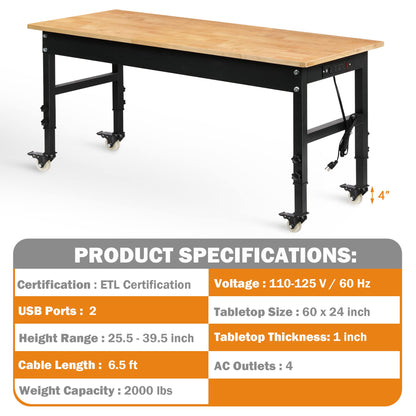 Betterhood 60" Adjustable Workbench for Garage, Rubber Wood Heavy Duty Workstation with Power Outlets & Wheels, 2000 LBS Load Capacity Hardwood - WoodArtSupply