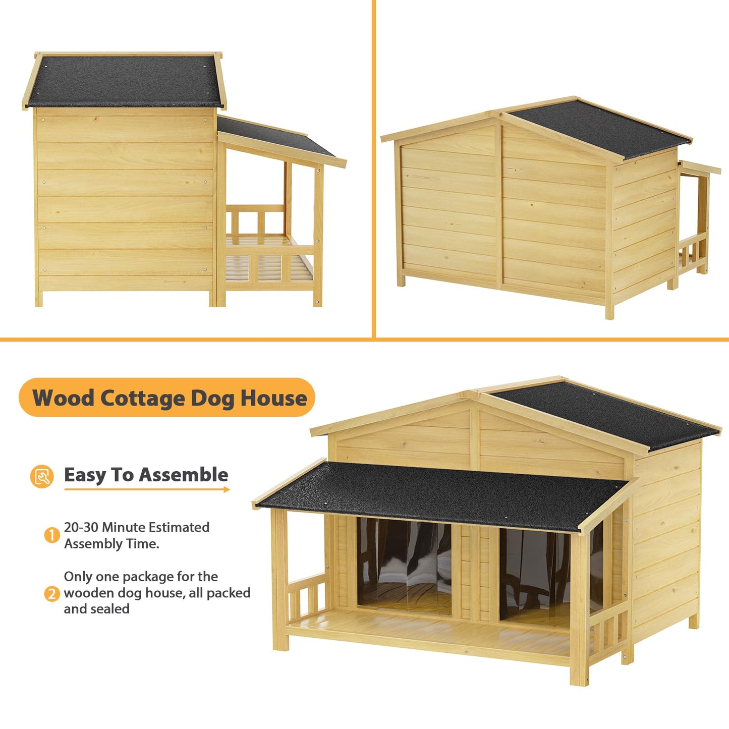 RITSU 47.2" Dog House, Waterproof Dog Kennel, Wooden Outdoor and Indoor Dog House, Log Cabin Style with Porch,Elevated Floor, 2 Doors, Pine Wood + - WoodArtSupply