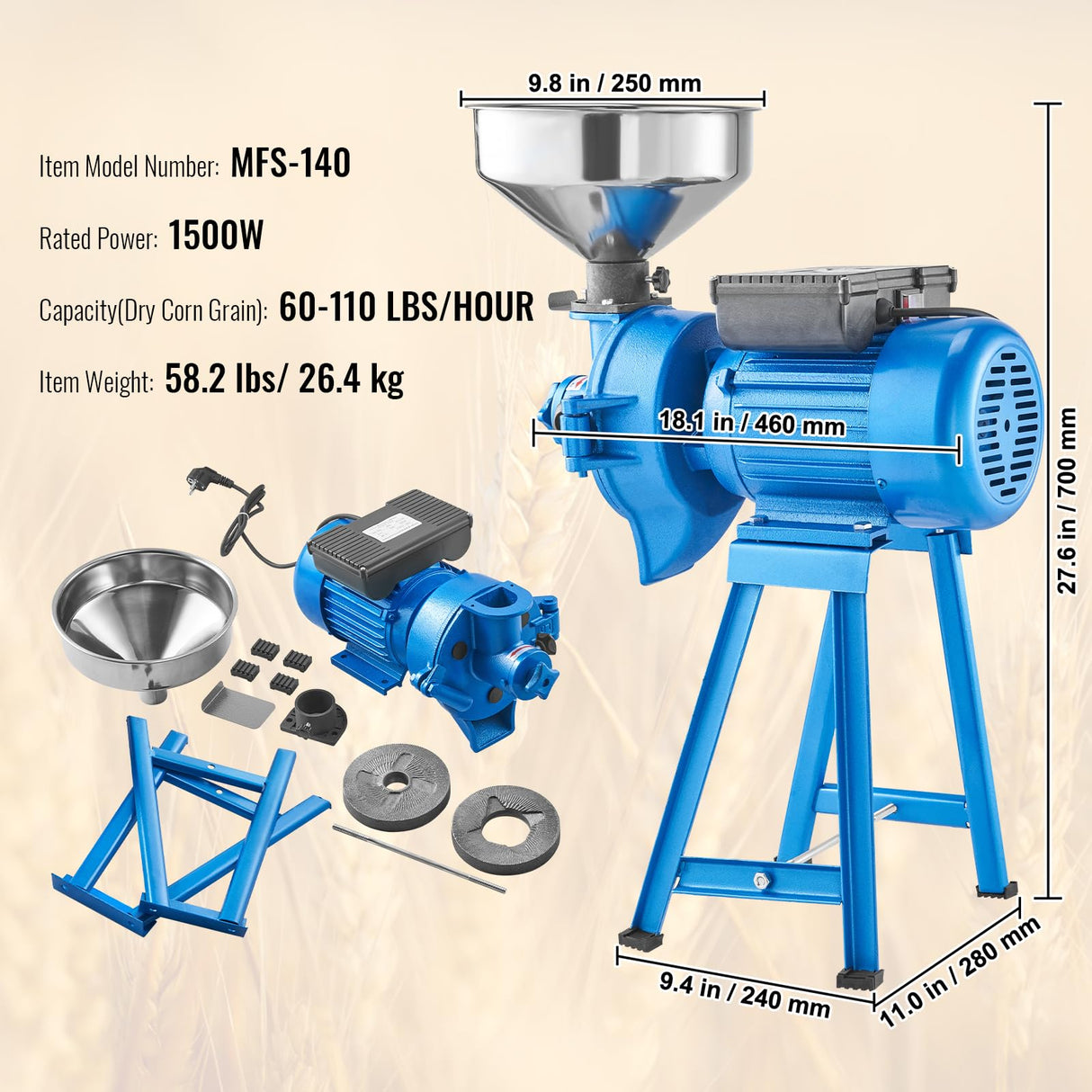 VEVOR Electric Grain Mill Grinder, 1500W 110V Dry & Wet Spice Grinder, Commercial Corn Mill with Funnel, Thickness Adjustable Powder Machine, Heavy VEVOR