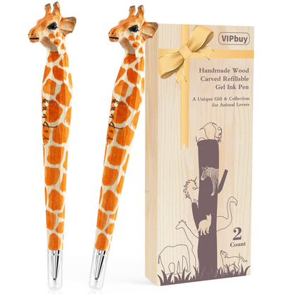 VIPbuy 2 Count 100% Handmade Wood Carved Gel Ink Pens -Novelty Refillable Writing Pens Office School Supplies Birthday Christmas Gift, Giraffe - WoodArtSupply