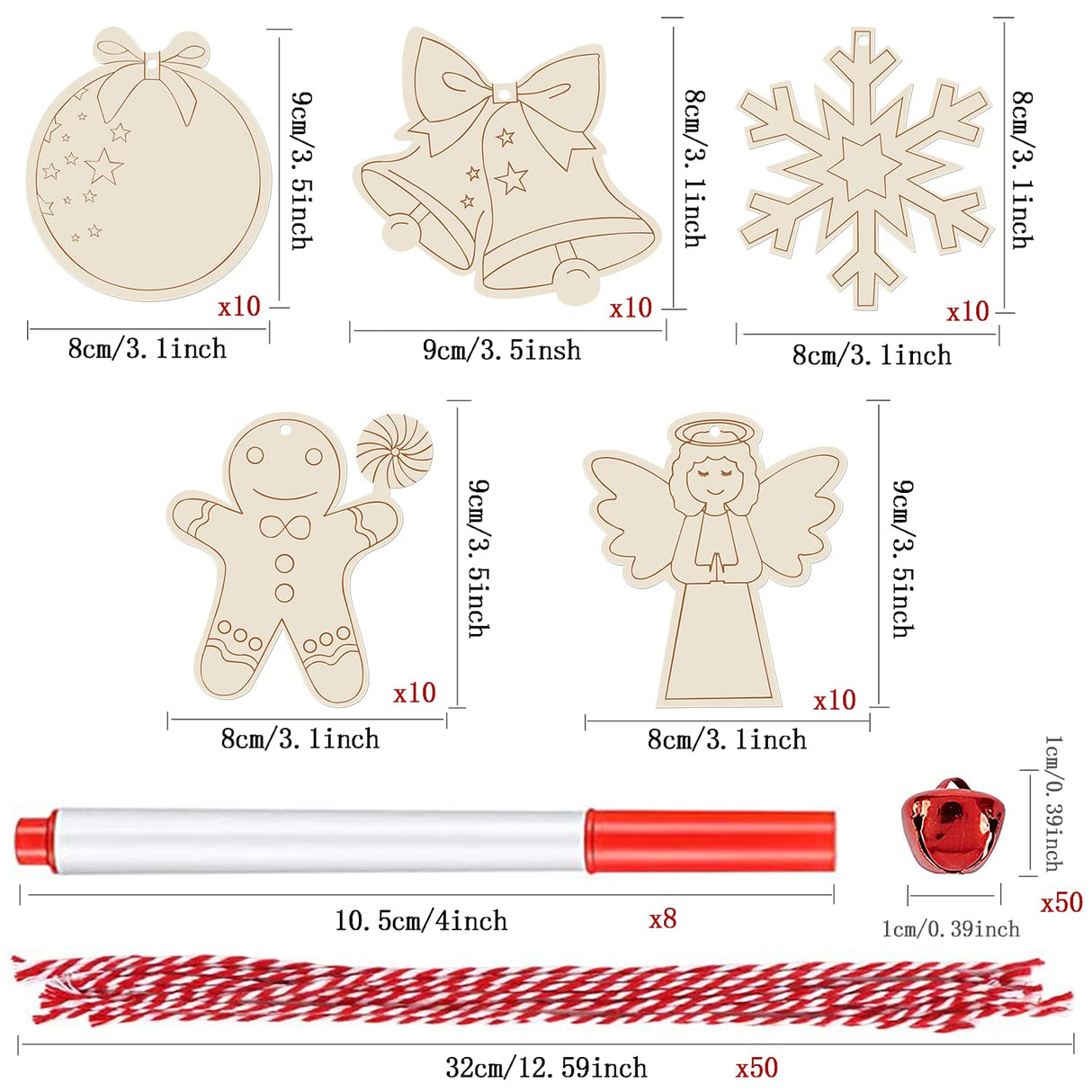 Artmag 50pcs Unfinished Wooden Christmas Ornaments Wood Slices with Holes for Kids DIY Crafts Centerpieces Holiday Hanging Decor Decorations 5 Styles Artmag