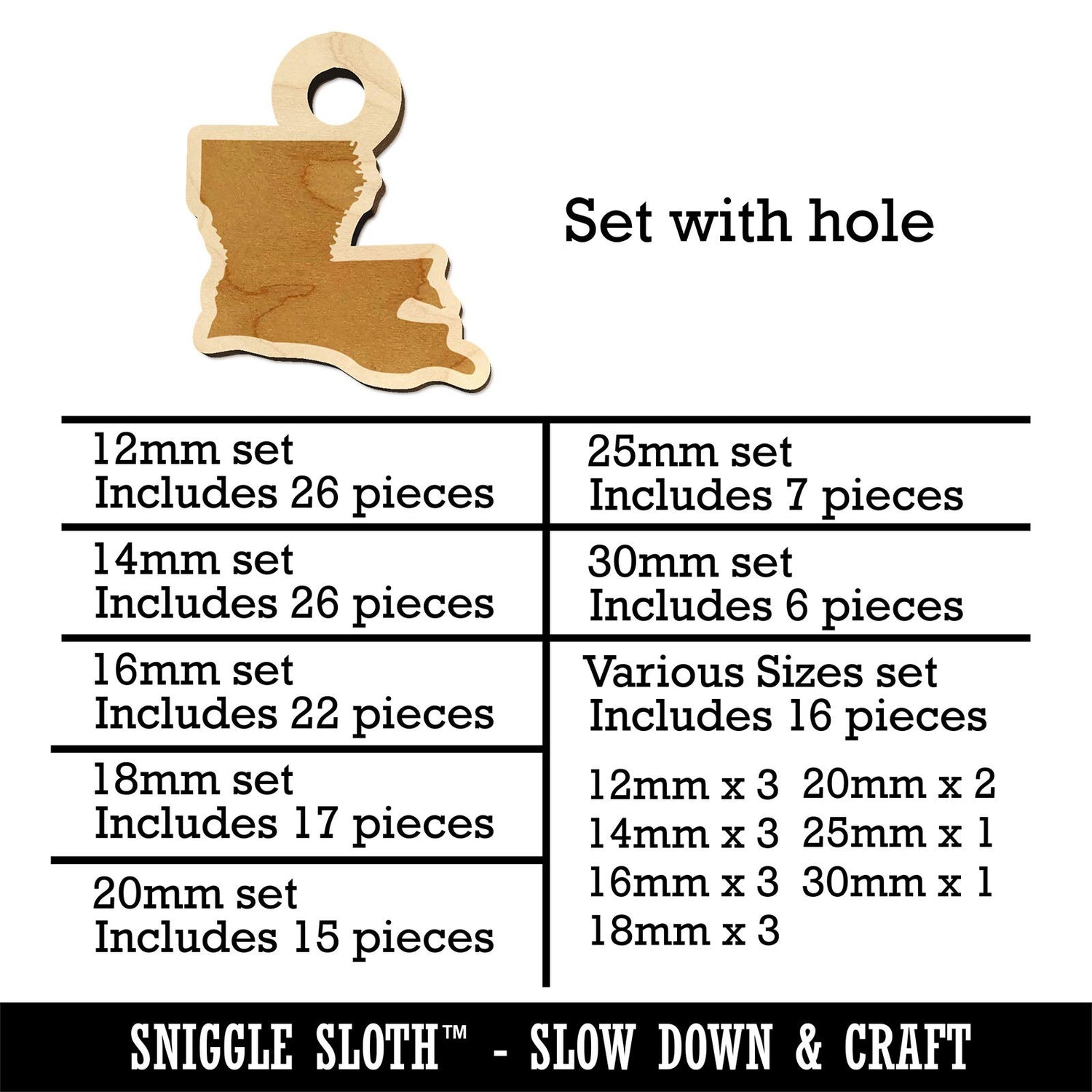 Louisiana State Silhouette Mini Wood Shape Charms Jewelry DIY Craft - 20mm (15pcs) - with Hole Sniggle Sloth