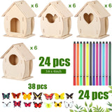 Outus 24 Pcs Wooden Birdhouse Craft Kits for Kids to Build, 4 Shapes Bird House Kit Wooden Unfinished with Watercolor Pen and Butterfly Sticker for Outus