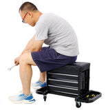 AMZOSS 3-Drawer Rolling Tool Chest Seat Garage Glider Mechanic Stool with Magnetic Side Trays, Heavy Duty Rolling Tool Box for Warehouse, Workshop, AMZOSS