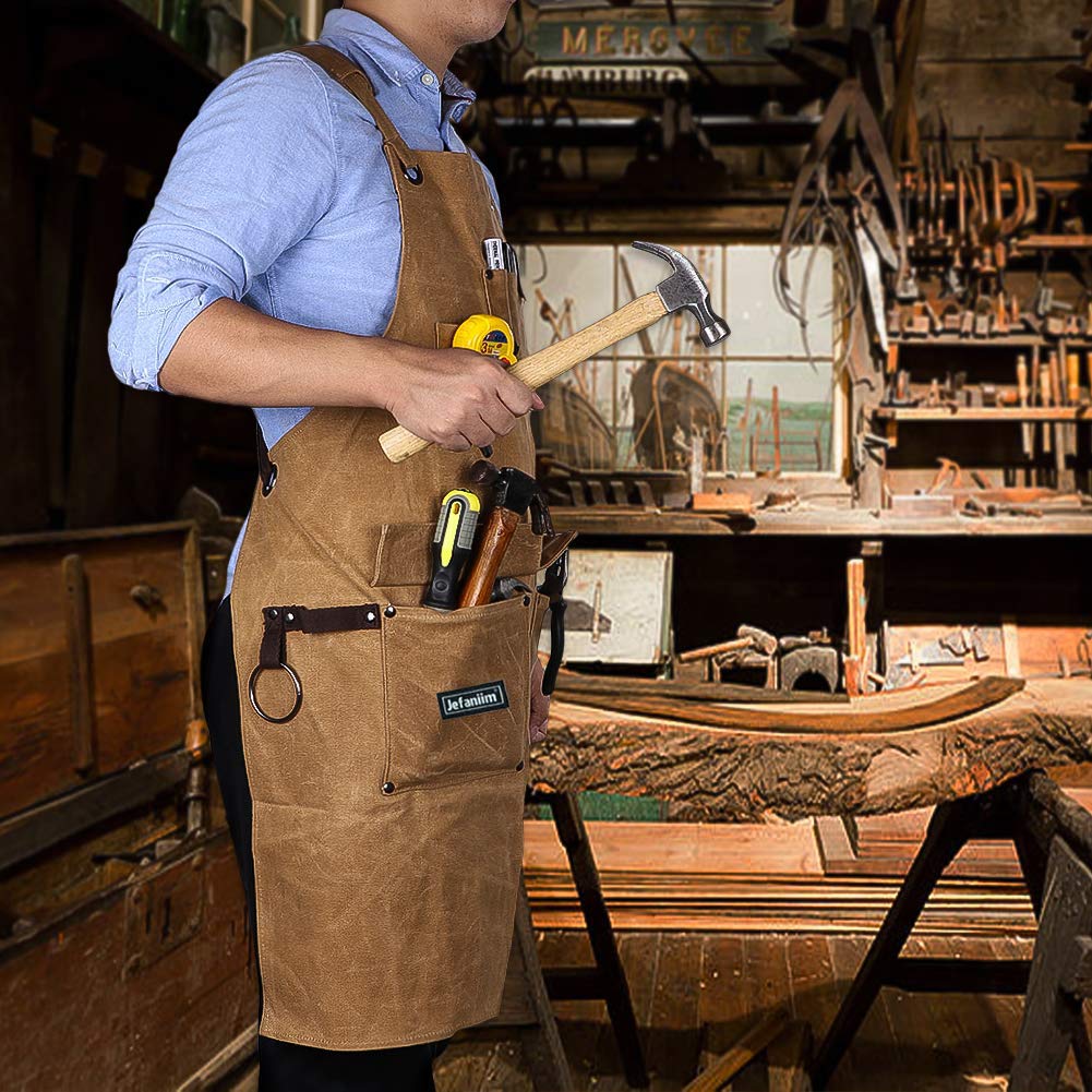 Waxed Canvas Shop Apron for Men & Women.Woodworking Aprons Heavy Duty Work Apron with Pockets. Big Bulk Tool Apron with Adjustable Cross-Back Jefaniim