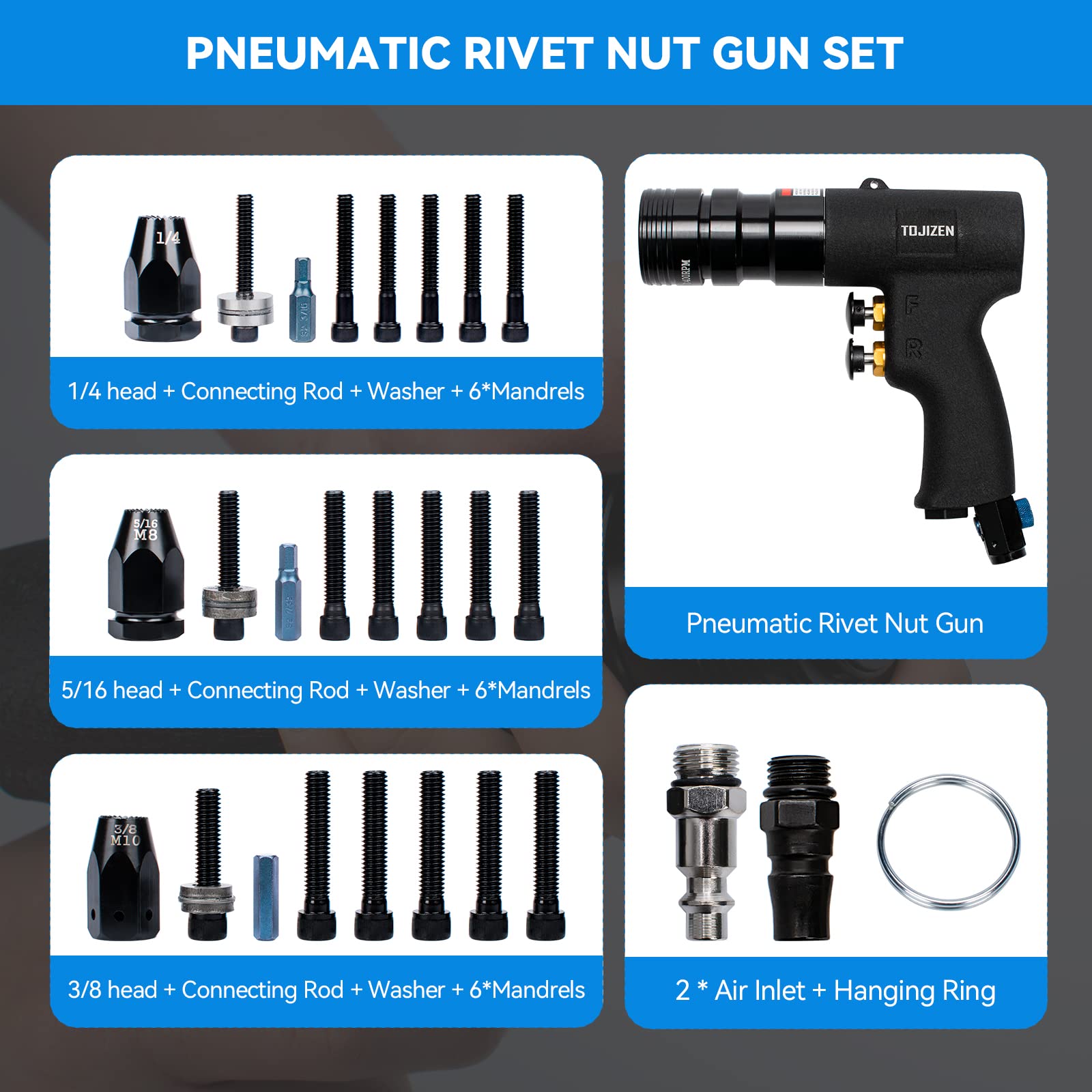 TOJIZEN Pneumatic Rivet Nut Gun Kit - 1/4, 5/16 & 3/8 inch Gun Heads - Air Powered Rivet Nut Tool Set for Rivnut, Nutsert, Threaded Insert, and More - WoodArtSupply