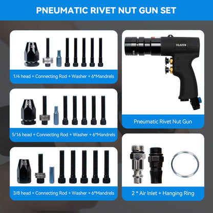 TOJIZEN Pneumatic Rivet Nut Gun Kit - 1/4, 5/16 & 3/8 inch Gun Heads - Air Powered Rivet Nut Tool Set for Rivnut, Nutsert, Threaded Insert, and More - WoodArtSupply