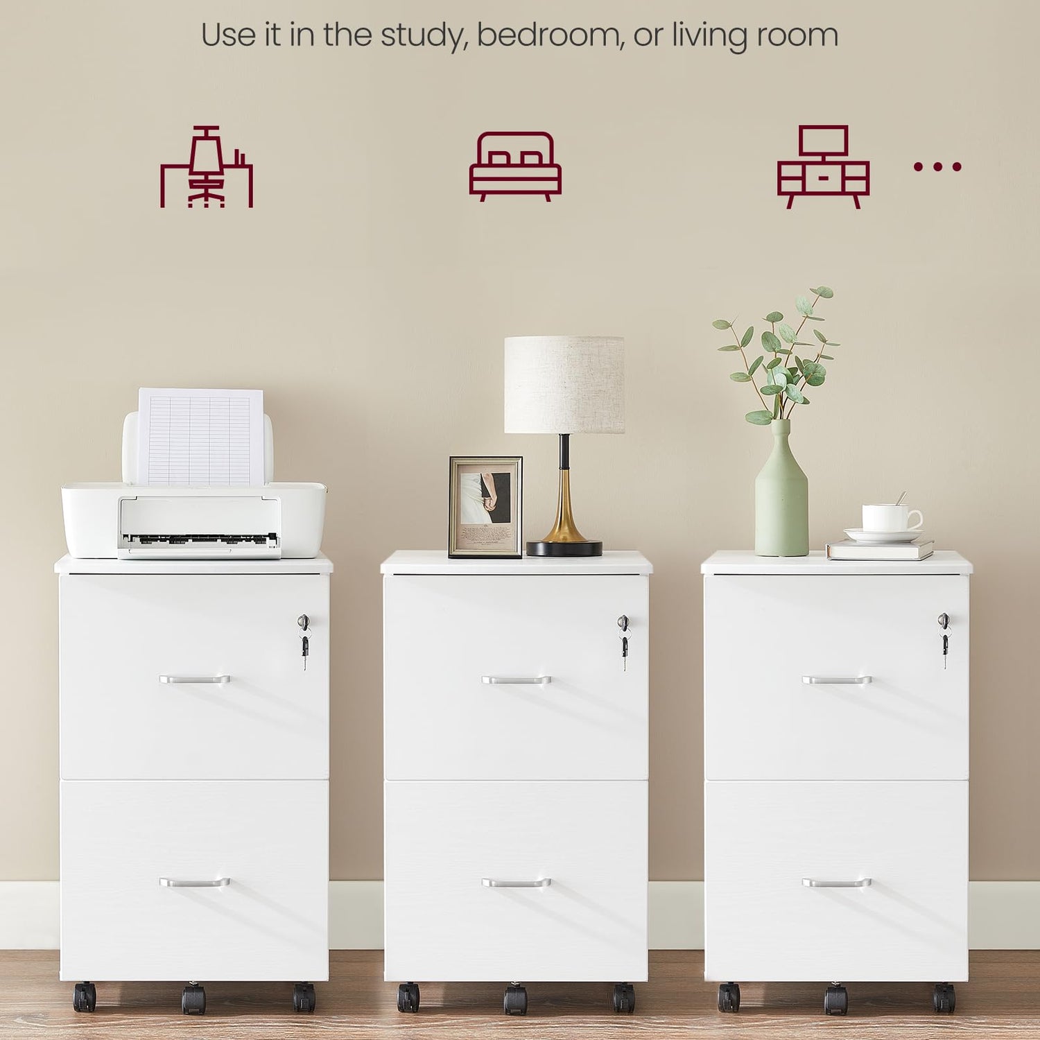 VASAGLE 2-Drawer File Cabinet, Locking Wood Filing Cabinet for Home Office, Small Rolling File Cabinet, Printer Stand, for A4, Letter-Size Files, VASAGLE