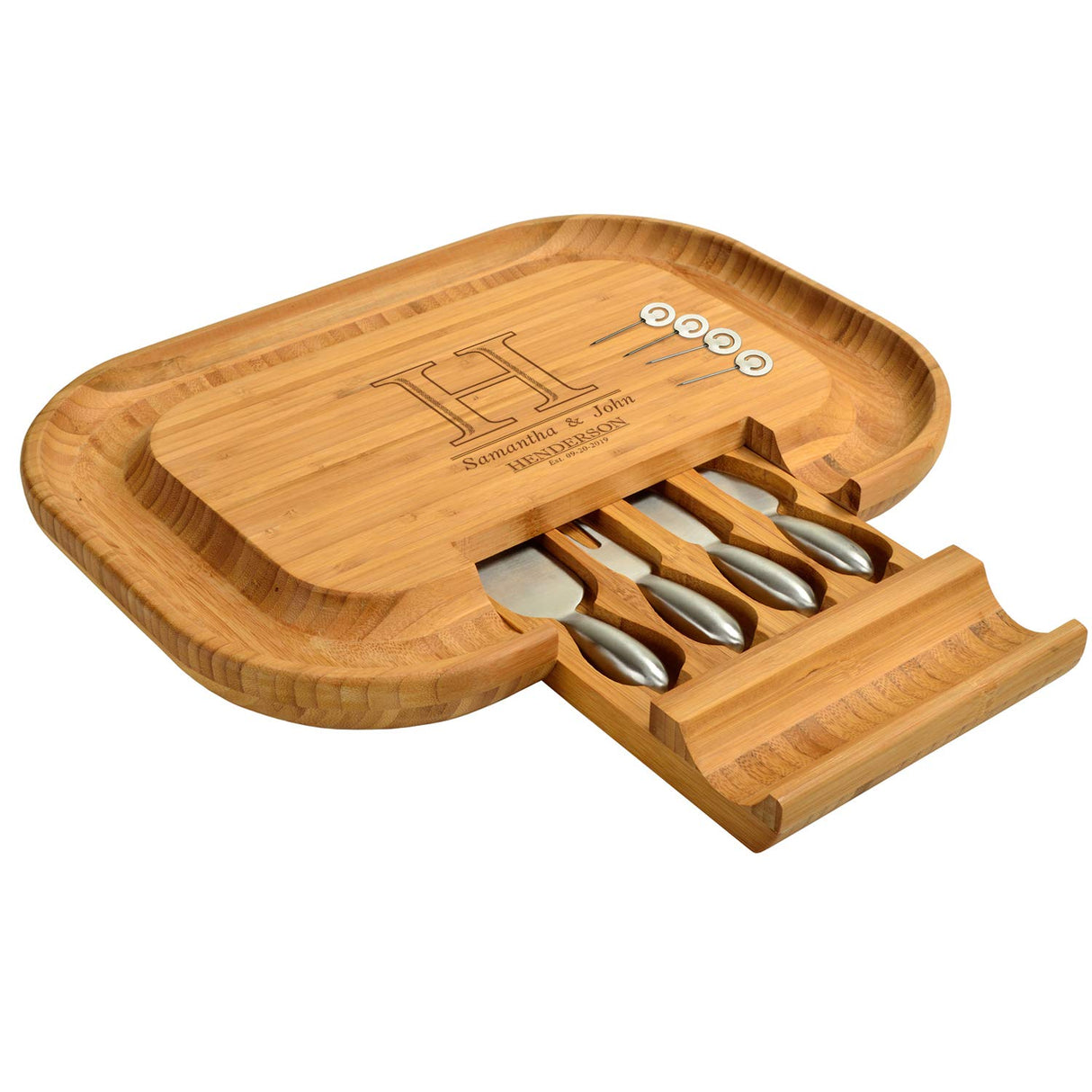 Custom Personalized Engraved Bamboo Cheese/Charcuterie Cutting Board with Knife Set & Cheese Markers- Designed & Quality Checked in USA Picnic at Ascot