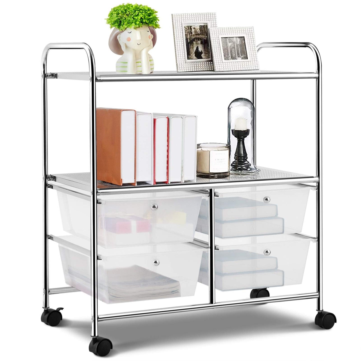 RELAX4LIFE Storage Cart W/Four Drawers, Wheels and Two Shelves, Stable Steel Frame Craft Cart for Office,Home, Make Up Storage and Files Arrangement - WoodArtSupply