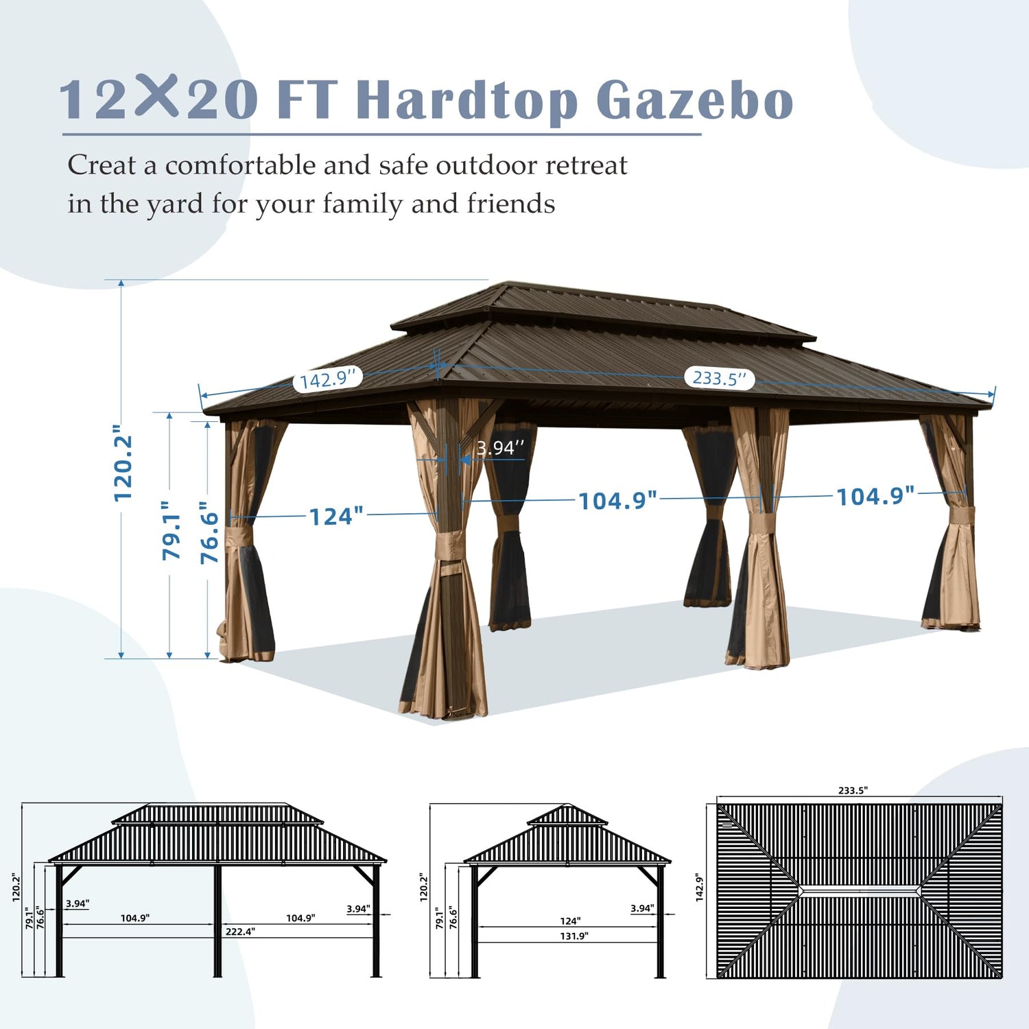 Domi 12' X 20' Hardtop Gazebo, Aluminum Metal Gazebo with Galvanized Steel Double Roof Canopy, Curtain and Netting, Permanent Gazebo Pavilion for domi outdoor living