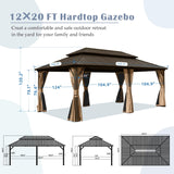 Domi 12' X 20' Hardtop Gazebo, Aluminum Metal Gazebo with Galvanized Steel Double Roof Canopy, Curtain and Netting, Permanent Gazebo Pavilion for domi outdoor living