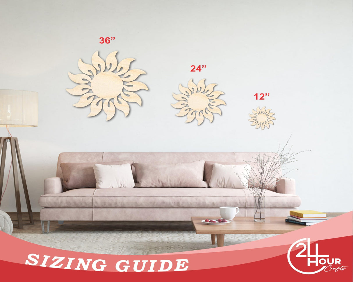 Unfinished Wood Radiant Sun Silhouette | Summer | Celestial | Craft Cutout | up to 36" 4" / 1/8" 24 Hour Crafts