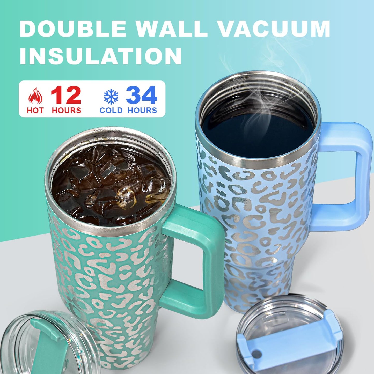 FECBK 40 oz Tumbler with Handle and Straw, 100% Leak-Proof Travel Mug, Stainless Steel Double Wall Vacuum Insulated Coffee Cup Keeps Cold For 34