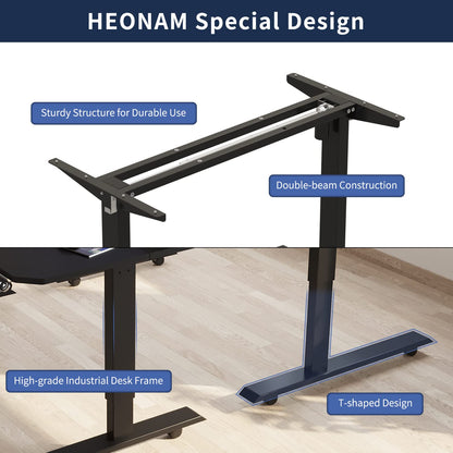 HEONAM 59'' L Shaped Electric Height Adjustable Standing Desk, Sit to Stand Home Office Computer Desk with Black Frame & Rustic Brown Top - WoodArtSupply