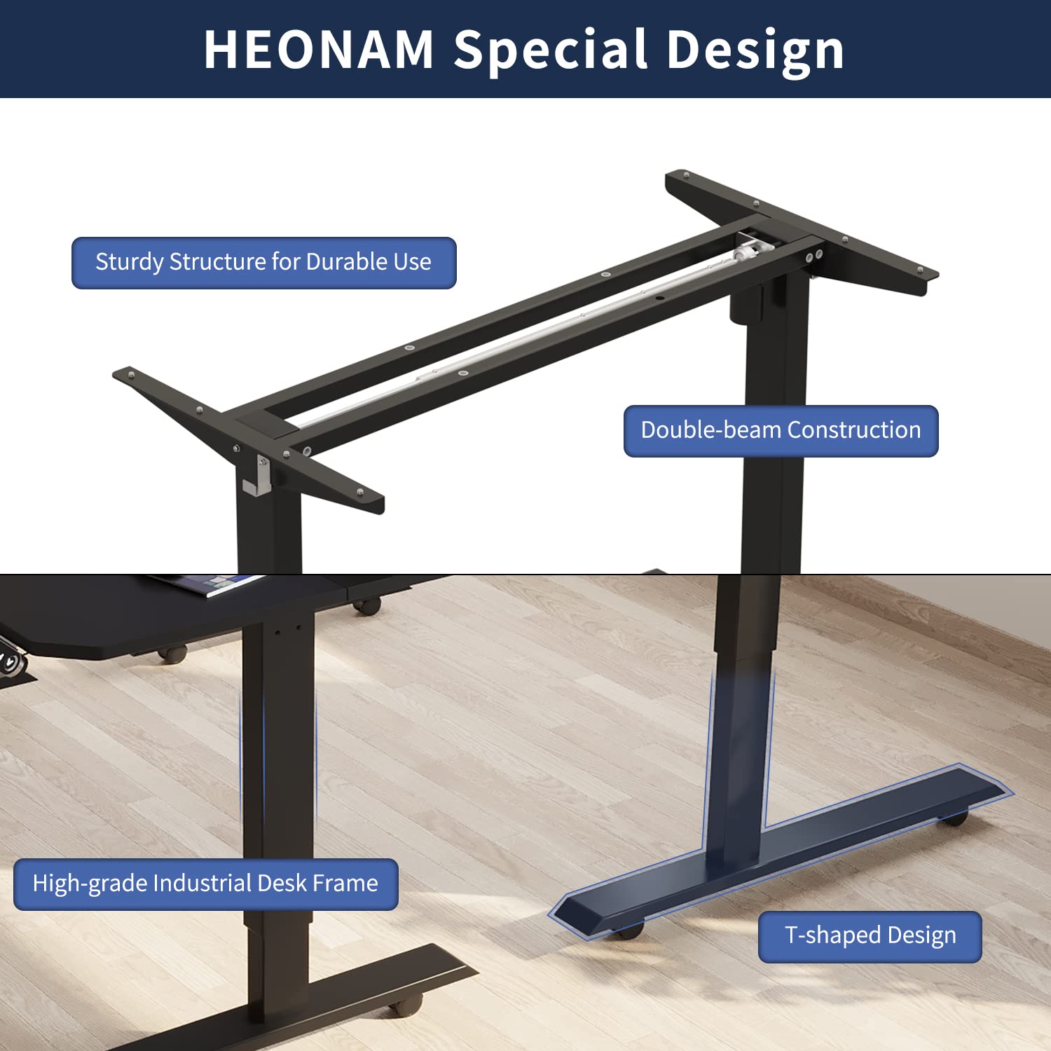 HEONAM 59'' L Shaped Height Adjustable Standing Desk, Electric Stand up Computer Table for Home Office Desk with Black Frame & Top HEONAM