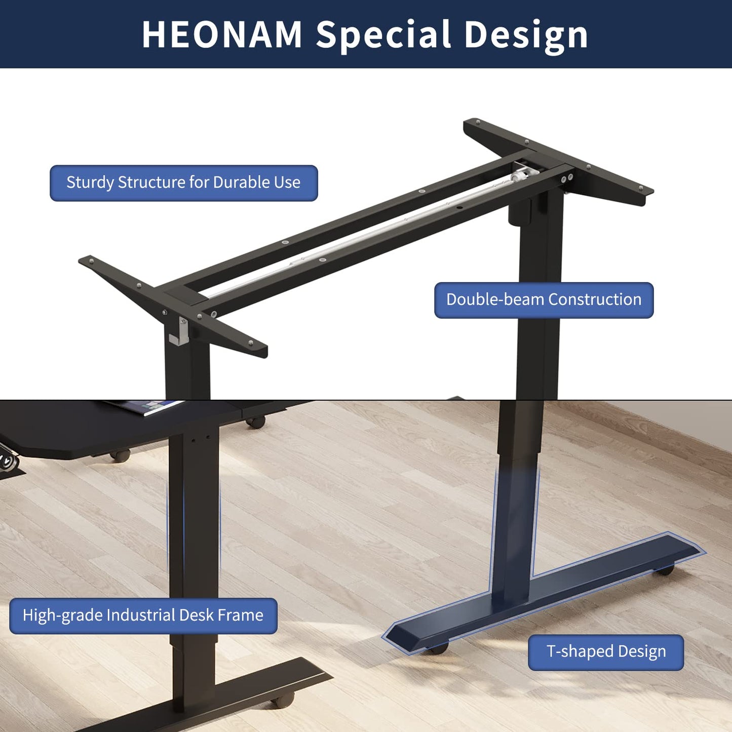 HEONAM 59'' L Shaped Height Adjustable Standing Desk, Electric Stand up Computer Table for Home Office Desk with Black Frame & Top - WoodArtSupply