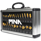 MNA Router Bit Set 25 Pieces 1/4 Inch, European Edition Router Bits Kit, Traditional Woodworking Tools, Aluminium Case MNA
