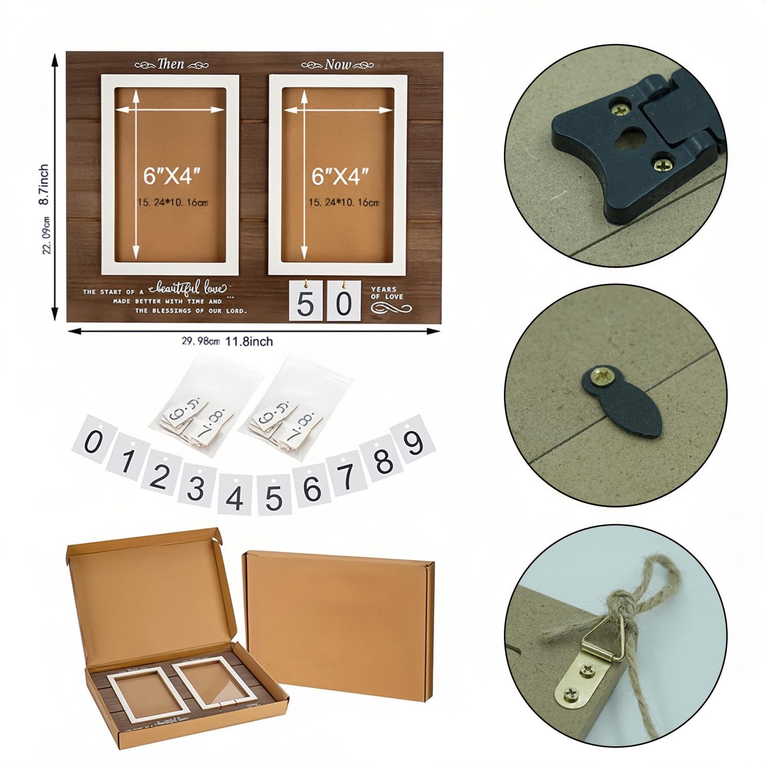 Then & Now Anniversary Picture Frame ,Holds 2 4x6 Inches Photos ,Personalized 1-99 Years 25th 40t 50th Wedding Gift Wood Photo Frames ,Picture Frame QUJOGA