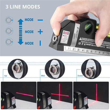 Laser Level Line Tool, Qooltek Multipurpose Cross Line Laser 8 feet Measure Tape Ruler Adjusted Standard and Metric Rulers for hanging pictures Qooltek