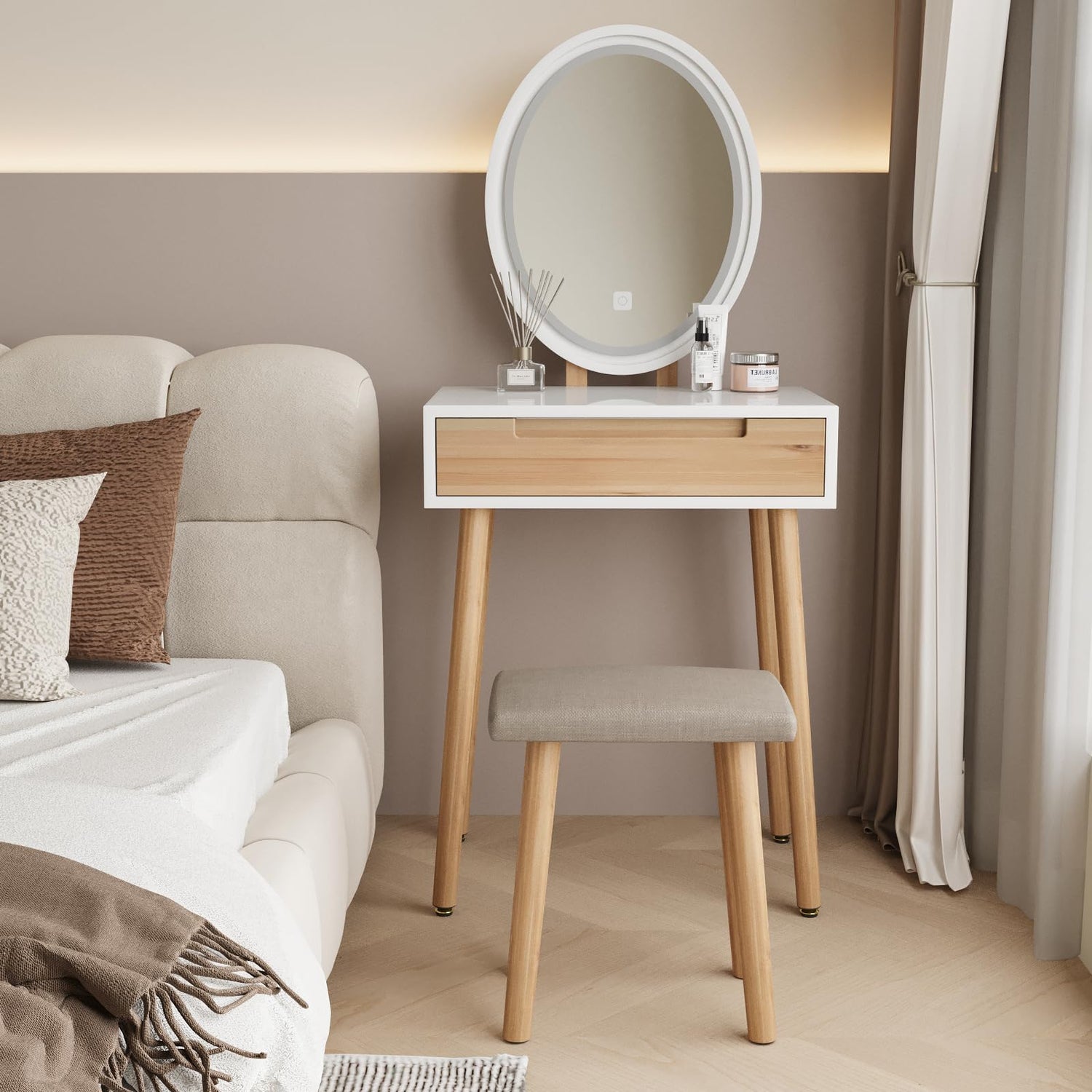 ARTETHYS Small Makeup Vanity Desk with 3 Adjustable Lighted Mirror and Chair, 24 Inch Makeup Vanity Table with Big Drawer Wooden Frame for Small ARTETHYS