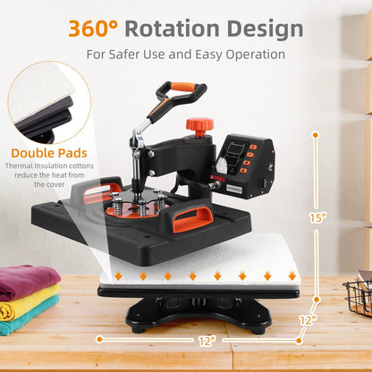 Heat Press Machine, 12 X 15 inch, 6 in 1 Heat Press, 800W Sublimation Machine, 360° Rotation Swing-Away Heat Press, Dual-Tube Heating Printing for