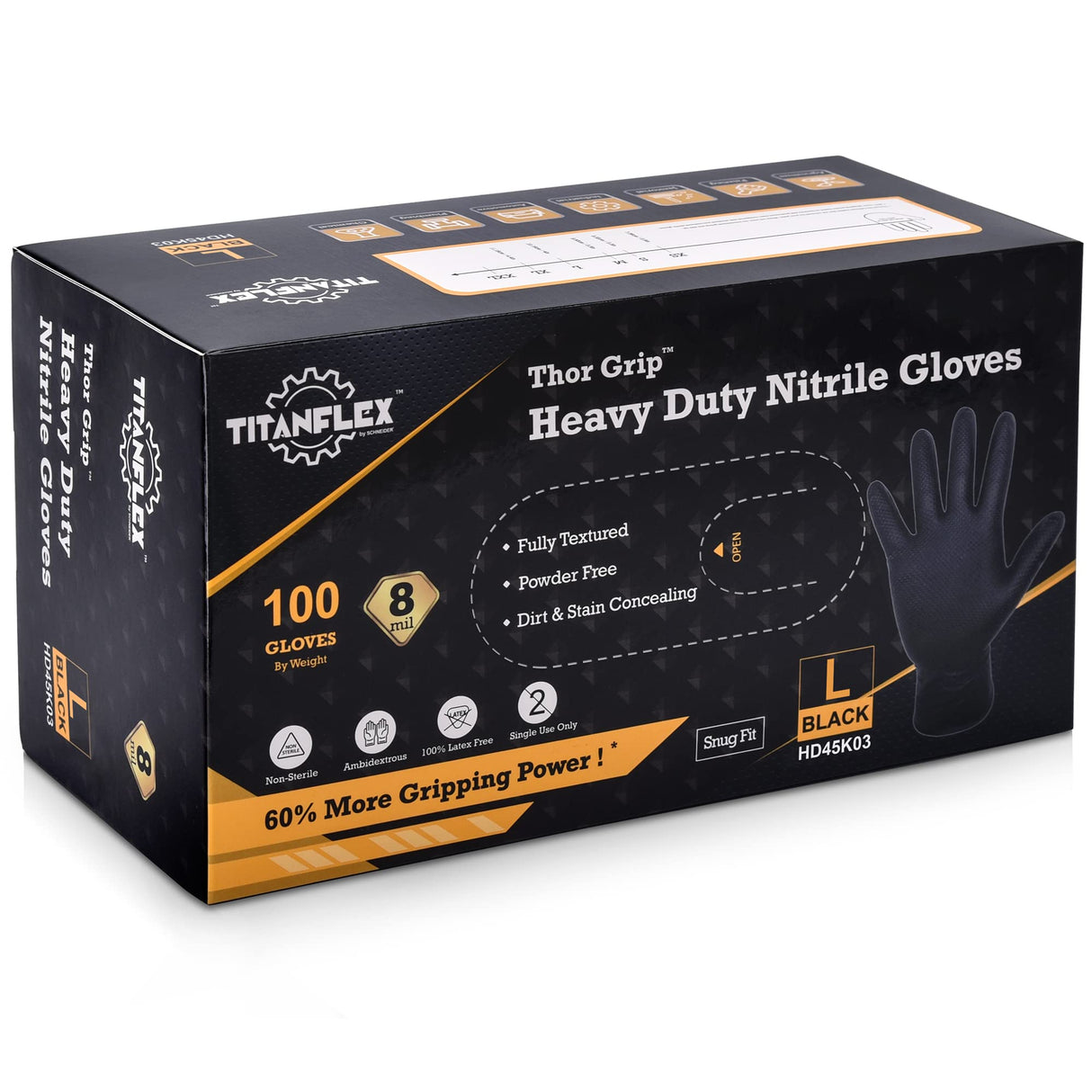 TITANflex Thor Grip Heavy Duty Black Industrial Nitrile Gloves, 8-mil, XL, Box of 100, Latex Free, Raised Diamond Texture, Powder Free, Food Safe, TITANflex