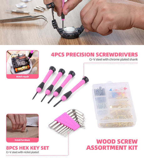 URASISTO Pink Household Tool Set with Drill, 136 PCS Home Tool Kit with 3.6V Cordless Lithium-ion Drill Driver, Hand Tool Kits for Women URASISTO