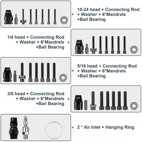 Clatoon Pneumatic Rivet Nut Gun with 10-24 & 1/4 & 5/16 & 3/8 Self-Locking Head, Adjustable Speed Air Rivet Gun, Air Rivet Nut Tool Kit with 4 Size Clatoon