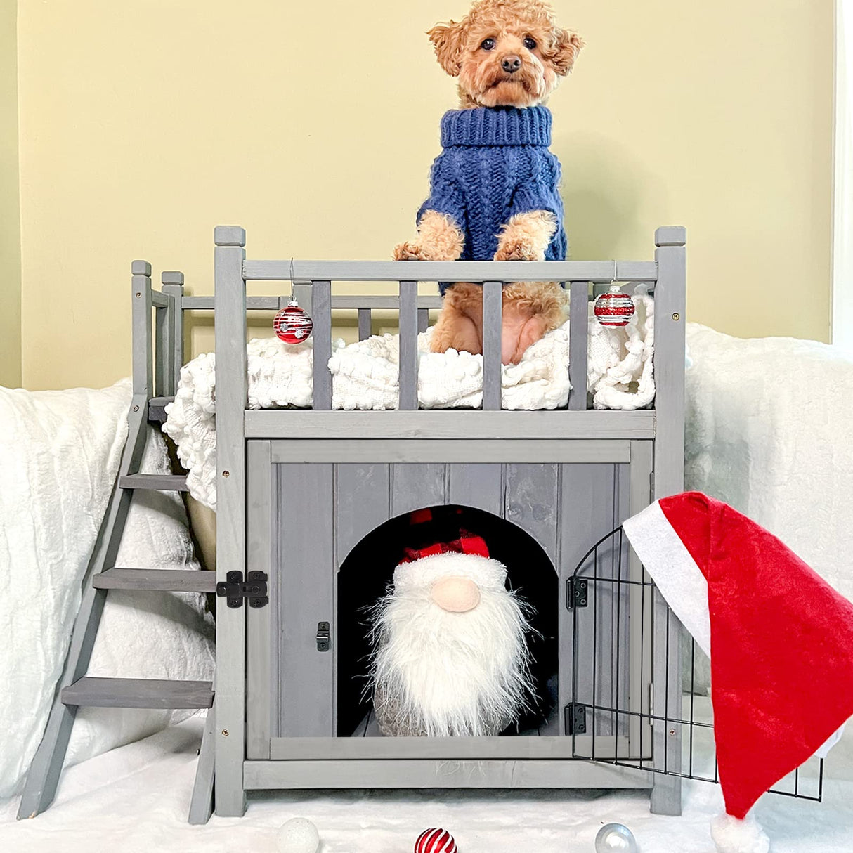 Aivituvin Cat House Outdoor with Lockable Wire Door, Wooden Dog Shelter Indoor Cat Condo Kitty Enclosure with Balcony, Stair Aivituvin