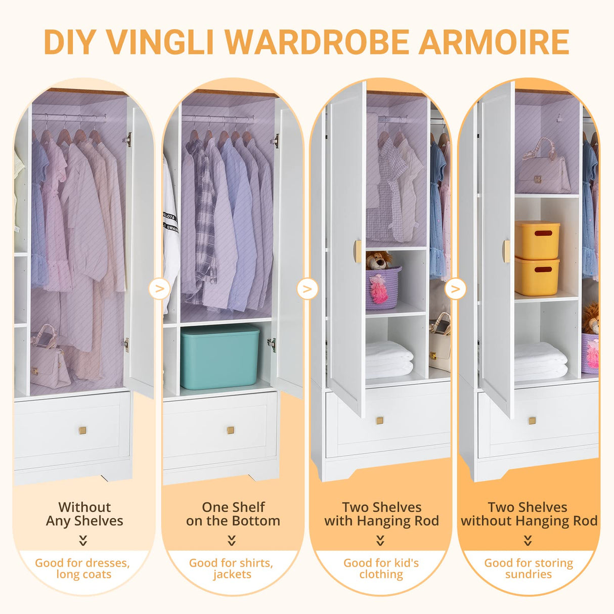 VINGLI Wide Wardrobe Closet, White Armoire Wardrobe with Hanging Rod, Shelves and Drawer, Freestanding Closet Wardrobe Cabinet, Armoires and VINGLI