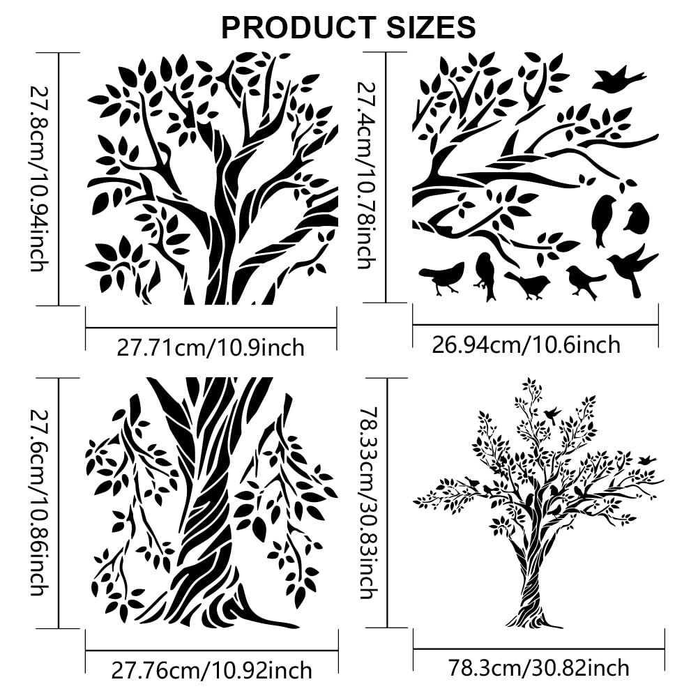 MAYJOYDIY 3pcs Large Tree Bird Branch Stencils 30.8×30.8inch Splice Size Bird On Tree Branch Template with Paint Brush 11.8×11.8inch Stencil Size for MAYJOYDIY