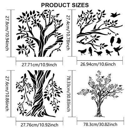 MAYJOYDIY 3pcs Large Tree Bird Branch Stencils 30.8×30.8inch Splice Size Bird On Tree Branch Template with Paint Brush 11.8×11.8inch Stencil Size for - WoodArtSupply