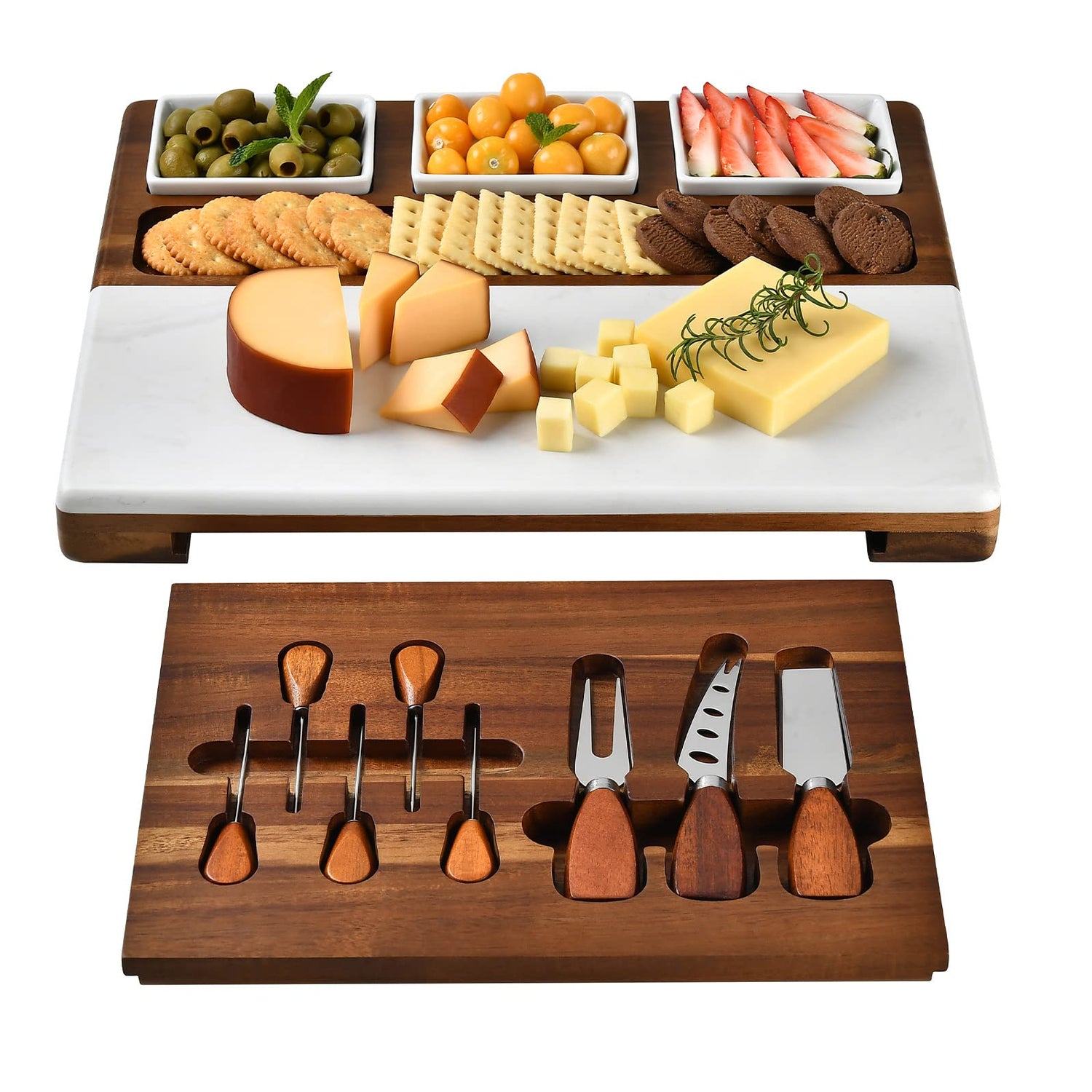 Shanik Wood - Marble Cheese Board Set with 3 Ceramic Bowls - Stainless Steel Cutlery Set, Charcuterie Board Set & Gift for Any Occasion (Without Shanik